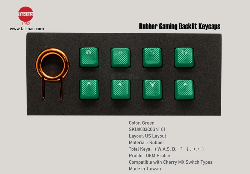 TAIHAO RUBBER DOUBLE SHOT BACKLIT GAMING WASD KEYCAPS SET FOR CHERRY MX SWITCH TYPE (8-KEYS) (GREEN) - Image 2