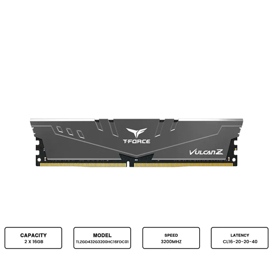 Teamgroup T-Force Vulcan Z 32GB (2X16GB) DDR4 3200MHZ CL16-20-20-40 1.35V Desktop Memory (Grey) (TLZGD432G3200HC16FDC01)