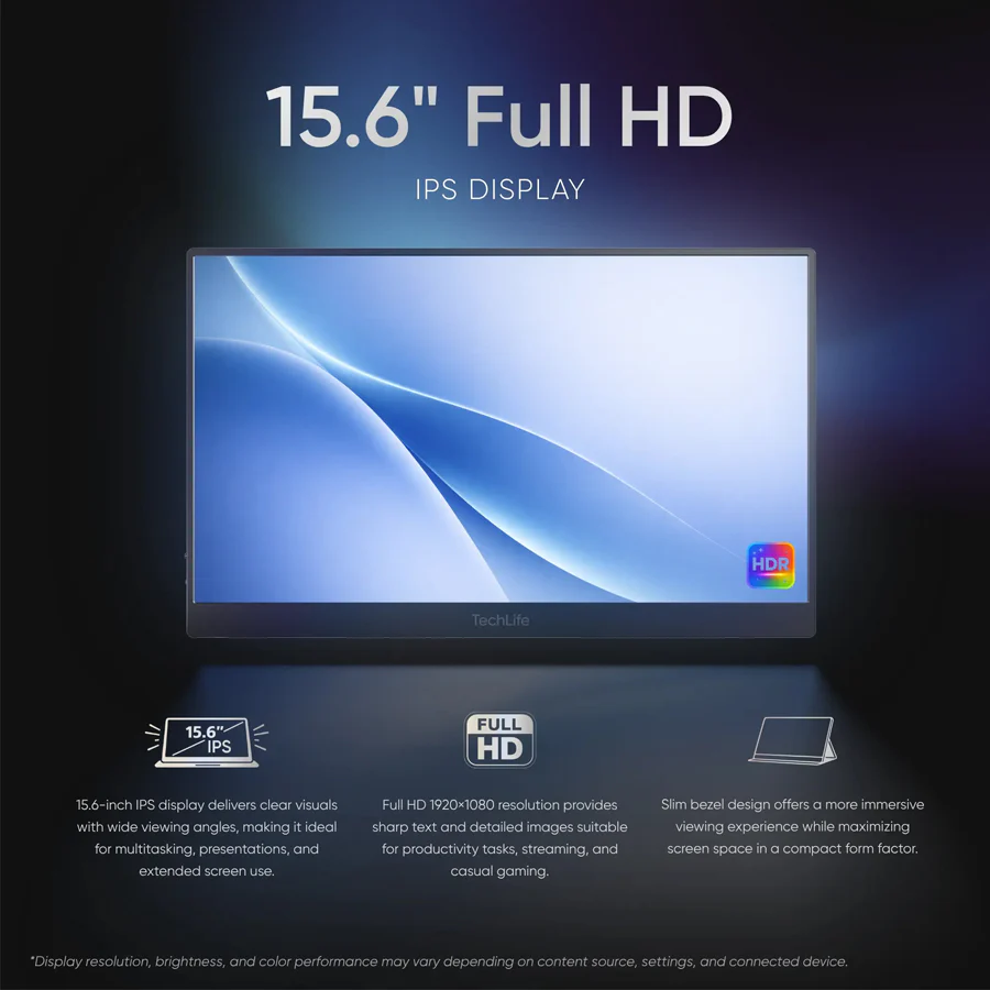 TechLife TLPM001 15.6" FHD (1920x1080) 60Hz IPS Ultra-Slim Aluminum Portable Monitor (Black) - Image 3
