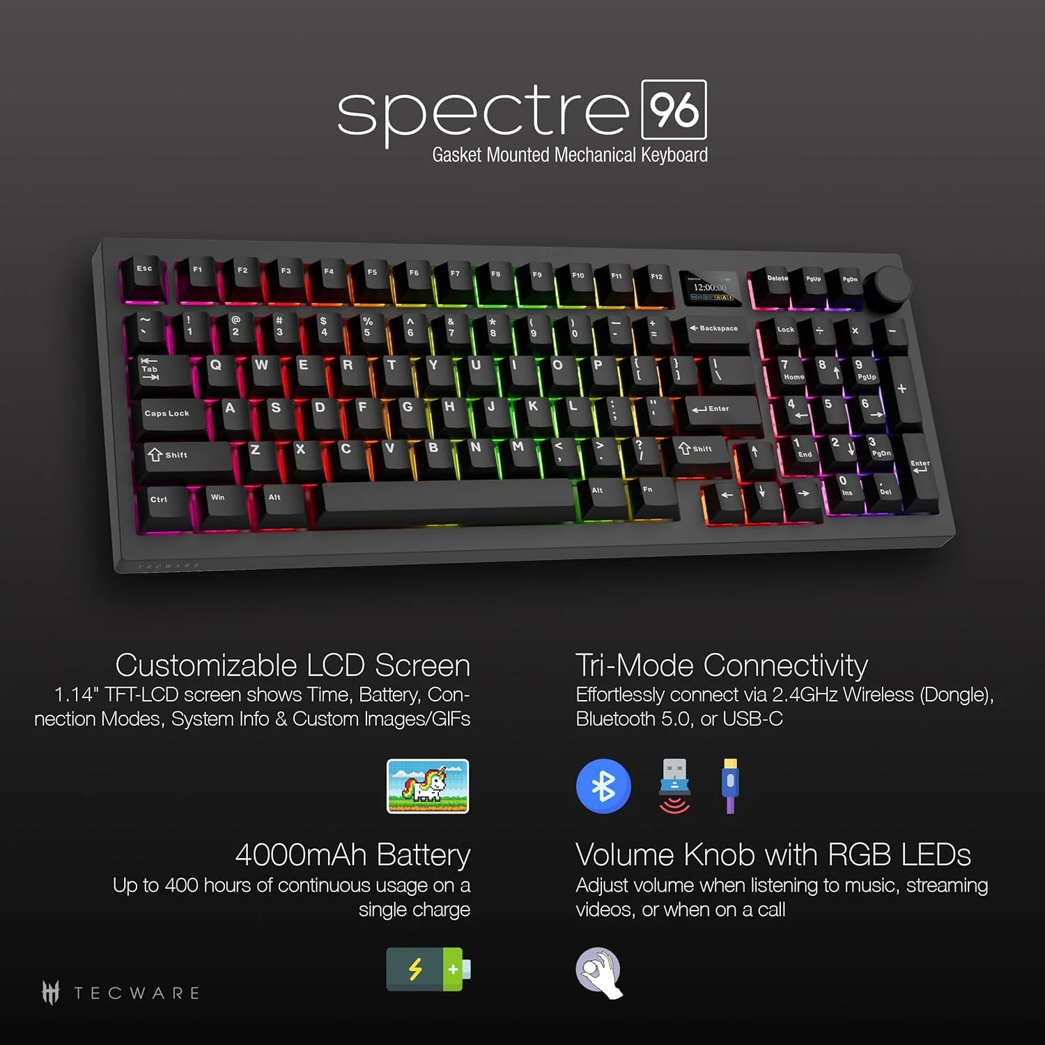 Tecware Spectre 96 RGB Tri-Mode 96-Key Gasket Mounted Mechanical Keyboard with Customizable LCD Display & Volume Knob (Black) (Candy Red 48G Linear Switch, Cocoa Brown 55G Tactile Switch) - Image 2