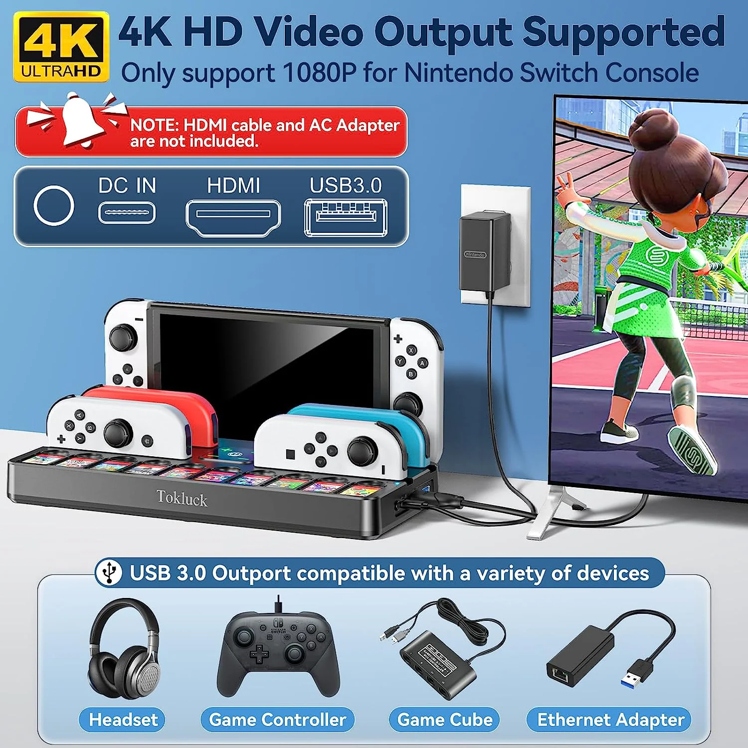 Tokluck TV Dock Station for Switch/ Switch OLED w/ Controller Charger & Game Slots (Black) (TO-SW804) - Image 2