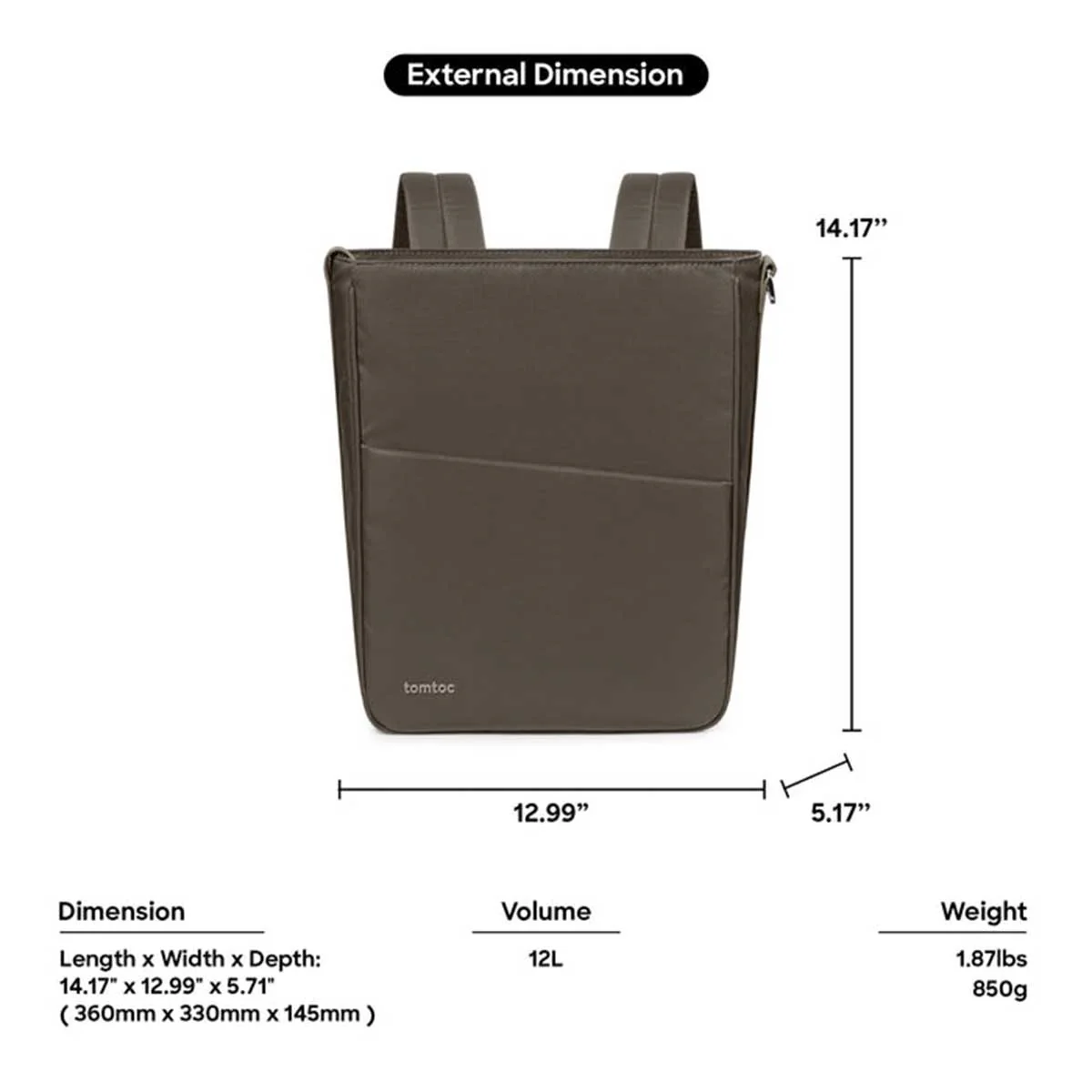 Tomtoc SLASH-H63 Laptop Backpack/Shoulder BAG 14-Inch (Taupe) (H63C1K1 / T62M1K1) - Image 14
