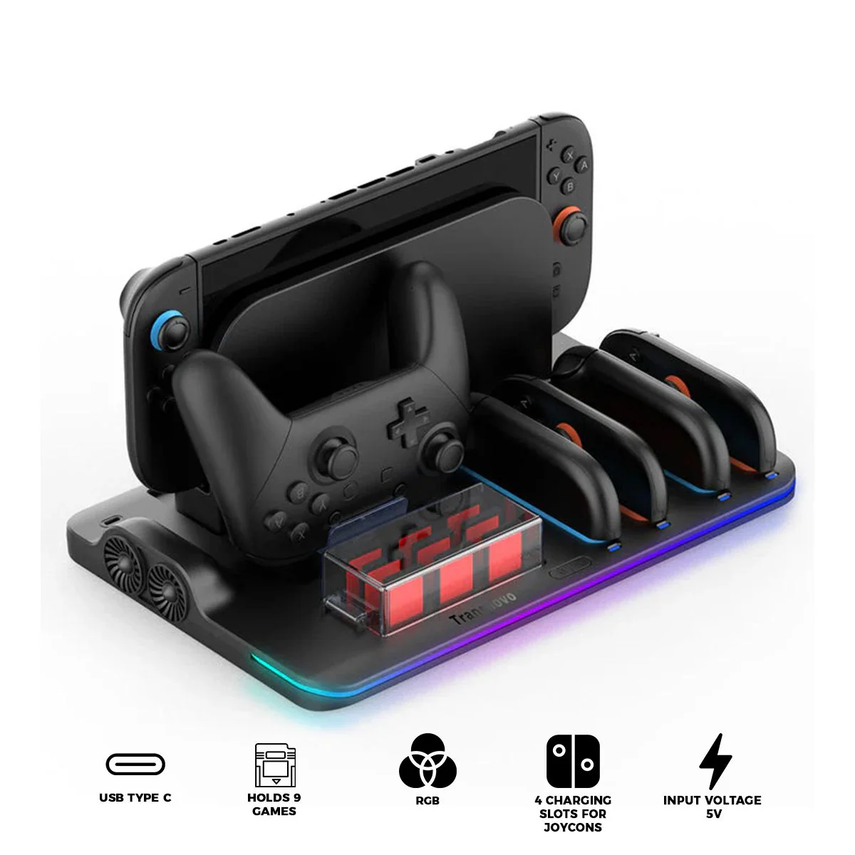 Transnovo Multi-Functional RGB Charging Dock Station for 4 Joy-Con Controller with Cooling Fan & 9 Game Card Slot for Nintendo Switch 2 (Black) (NS2-CG04)
