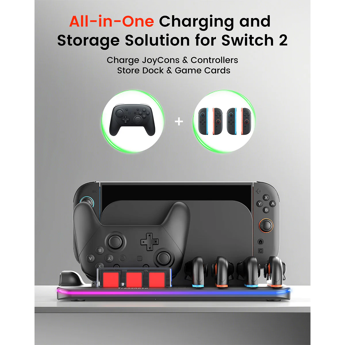 Transnovo Multi-Functional RGB Charging Dock Station for 4 Joy-Con Controller with Cooling Fan & 9 Game Card Slot for Nintendo Switch 2 (Black) (NS2-CG04) - Image 6