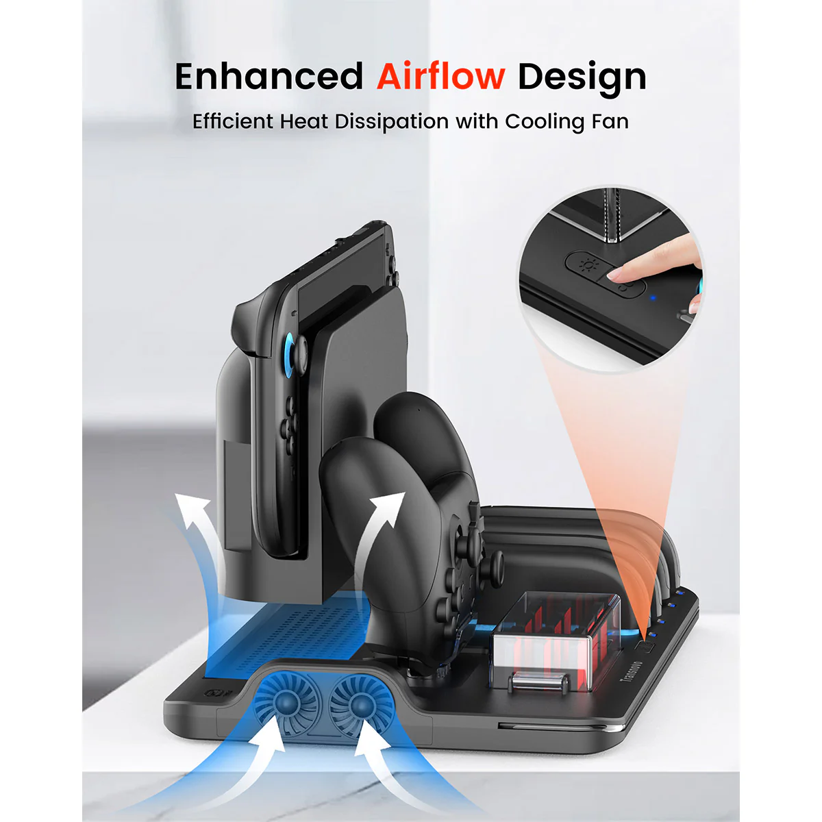 Transnovo Multi-Functional RGB Charging Dock Station for 4 Joy-Con Controller with Cooling Fan & 9 Game Card Slot for Nintendo Switch 2 (Black) (NS2-CG04) - Image 8