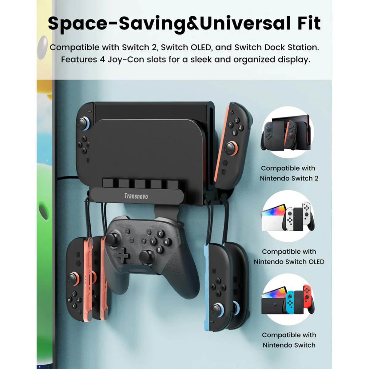 Transnovo Wall Mount with 5 Game Card Storage Slots & 4 Joy-Pad Bracket & Controller Holder for N-Switch / N-Switch OLED / N-Switch 2 (Black) (NS-ST01) - Image 2