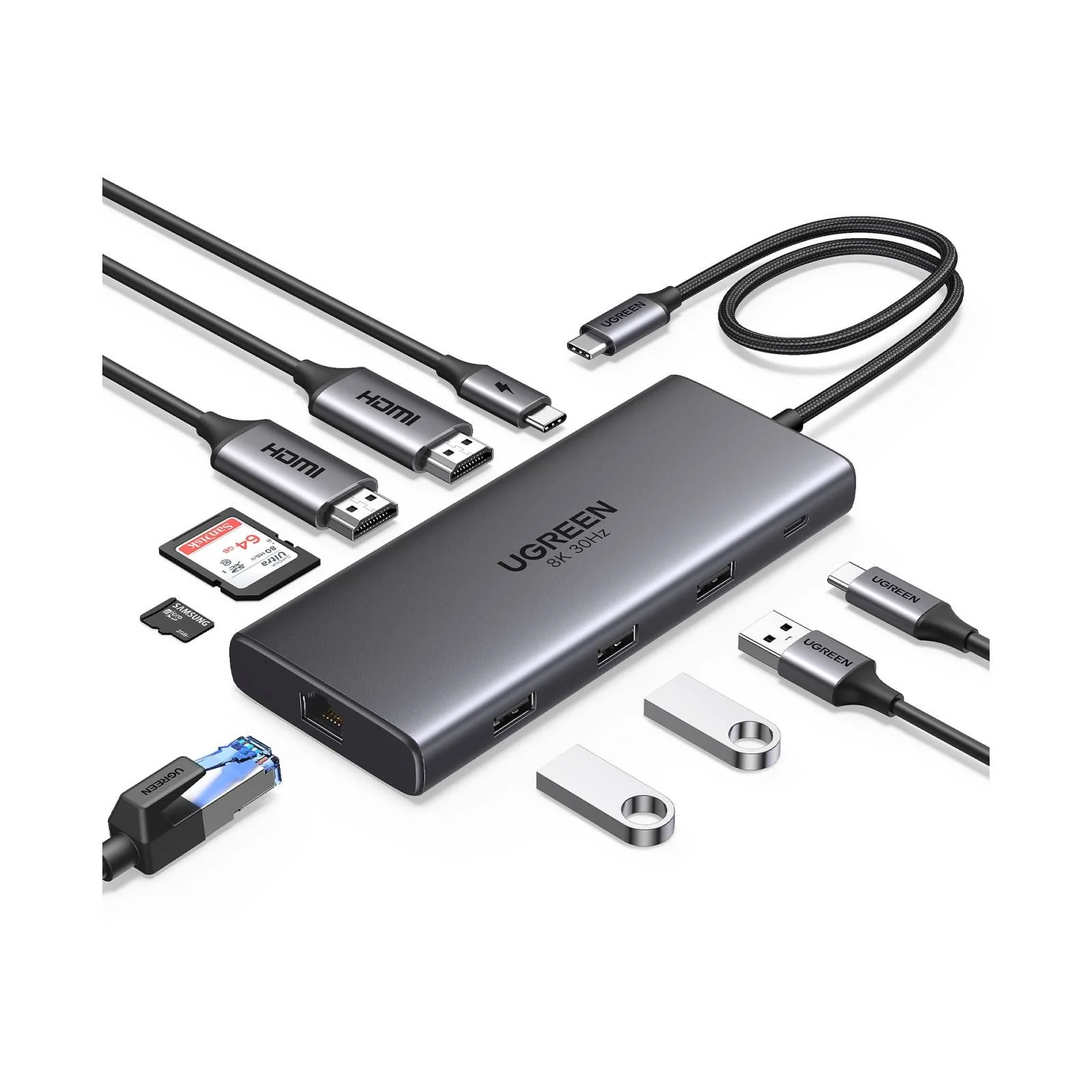 UGreen 10-in-1 Multifunction Adapter USB-C to 1xUSB 3.0 + 2xUSB 2.0 + USB-C 3.0 + 2xHDMI + RJ45 + SD + TF + PD (CM639/15534) - Image 3