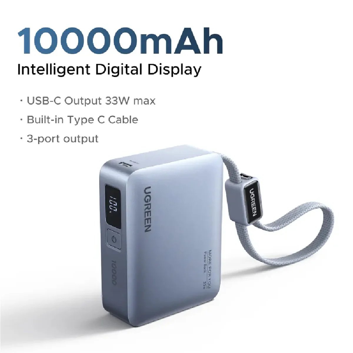 Ugreen 10000mAh 33W Fast Charging Power Bank with USB-C Built-In Braided Cable (Space Gray) (PB584/75173B) - Image 6