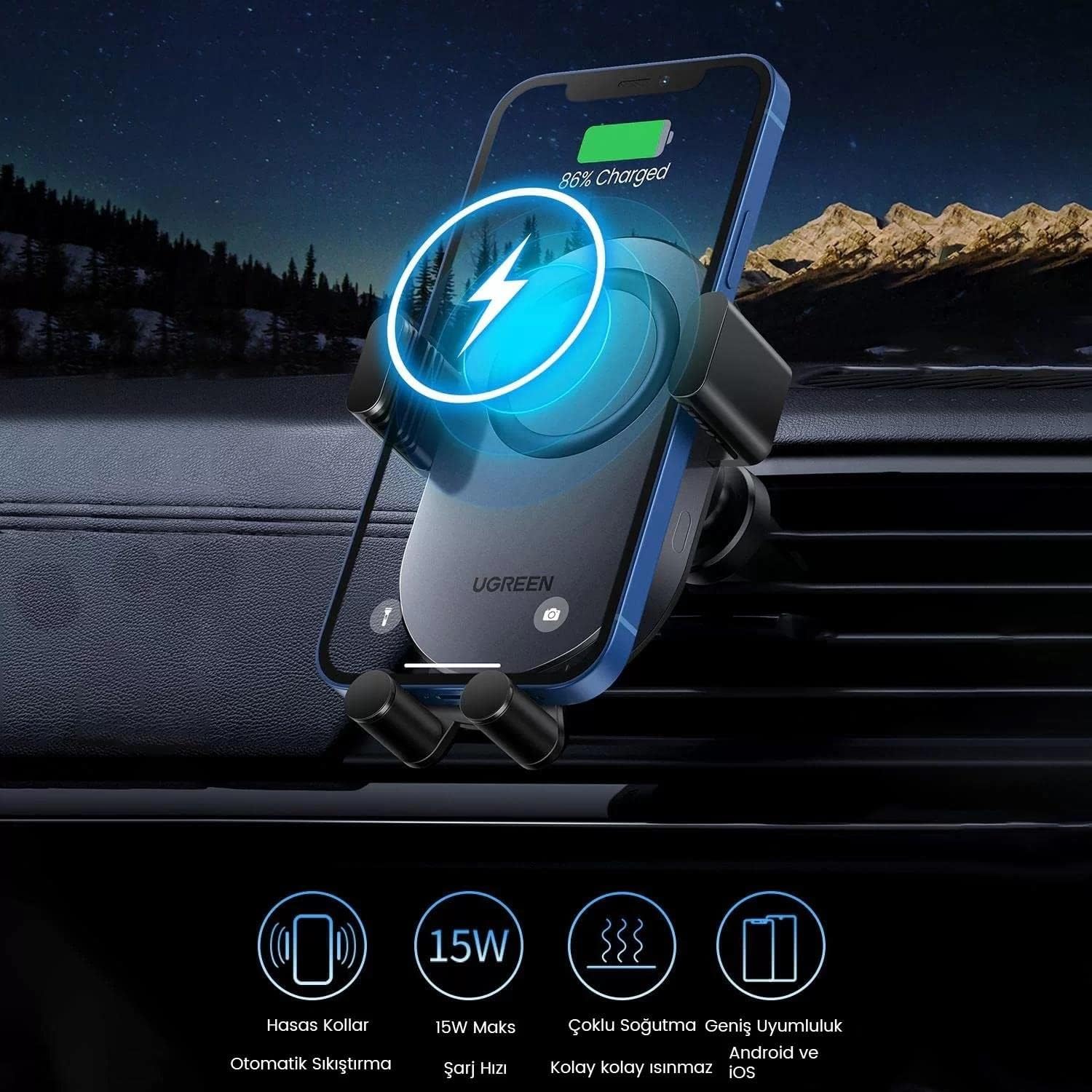 UGreen 15W Auto Lock QI Wireless Charging Car Charger (Black) (CD256/40118) - Image 4