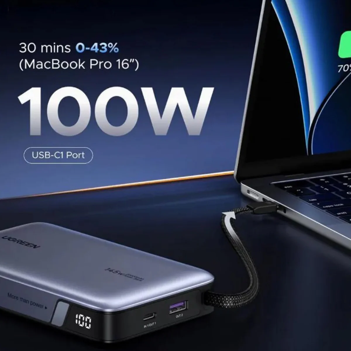 Ugreen 20000mAh 145W Power Bank with Built-in Cable (Space Grey) (PB551/55992B) - Image 4