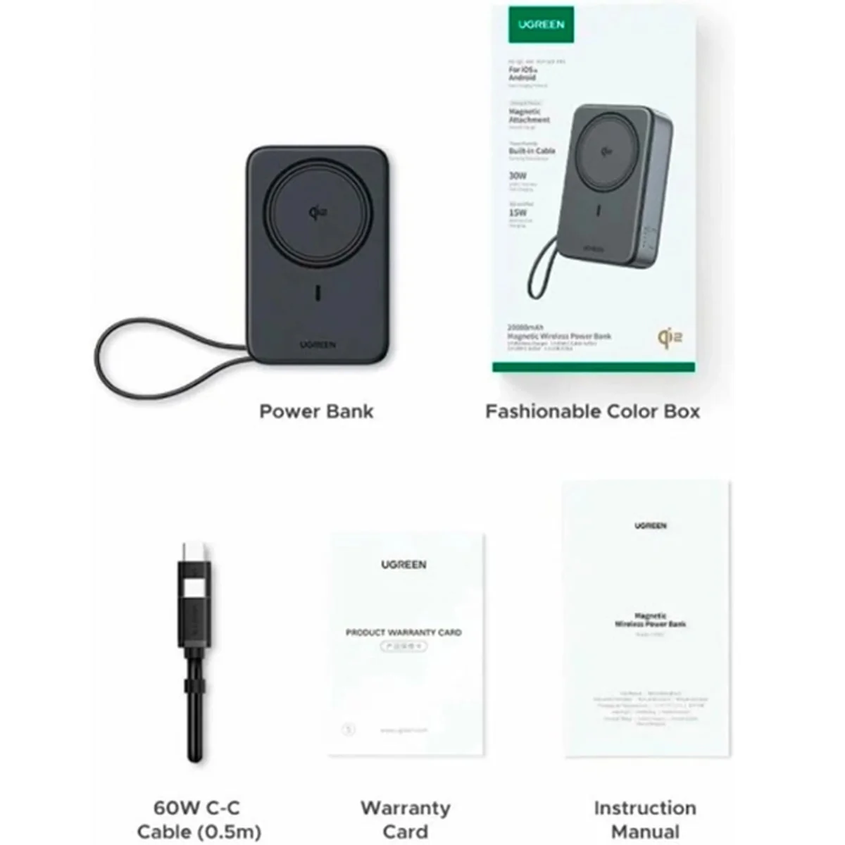 Ugreen 20000mAh Qi2 Magnetic Wireless 30W Power Bank with USB-C Built-In Cable (Black) (PB567/55450B) - Image 4
