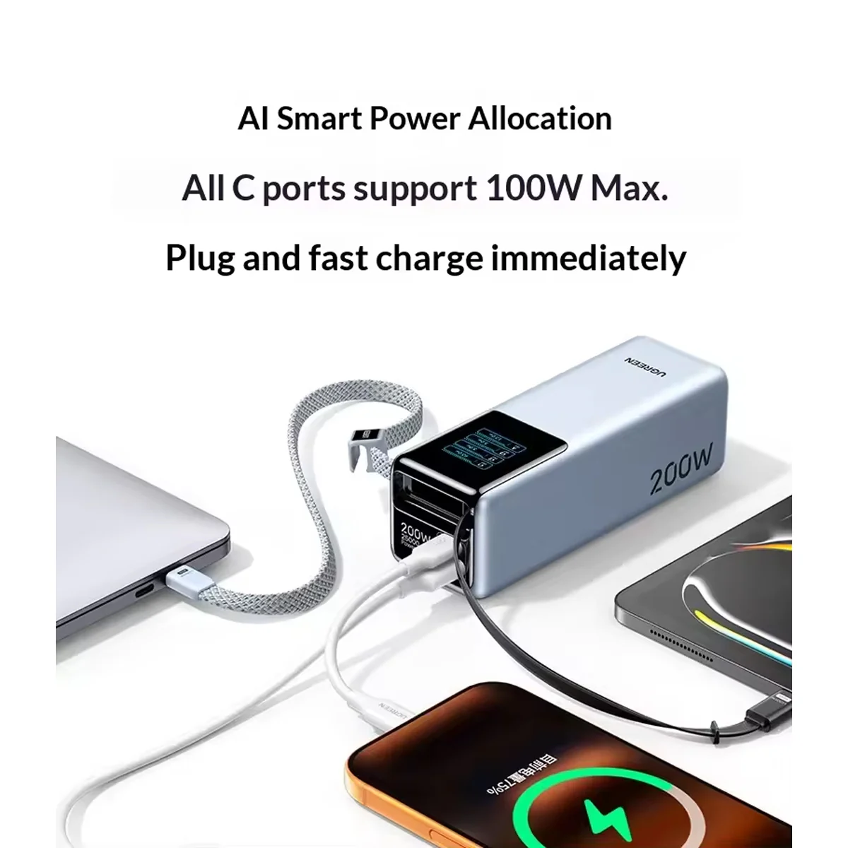 Ugreen 25000mAh 200W 1xUSB-C + 1xUSB-A Power Bank with 1xUSB-C Built-in Cable & 1xUSB-C 100W Built-in Retractable Cable (Light Blue) (PB728/75702B) - Image 2