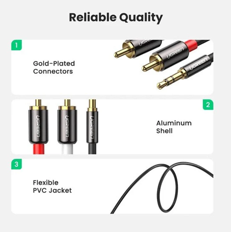 Ugreen 3.5mm Male To 2 RCA Male Audio Cable - Gray (1M, 1.5M, 2M, 3M, 5M) (AV102/10772, 10511, 10510, 10512, 10513) - Image 9