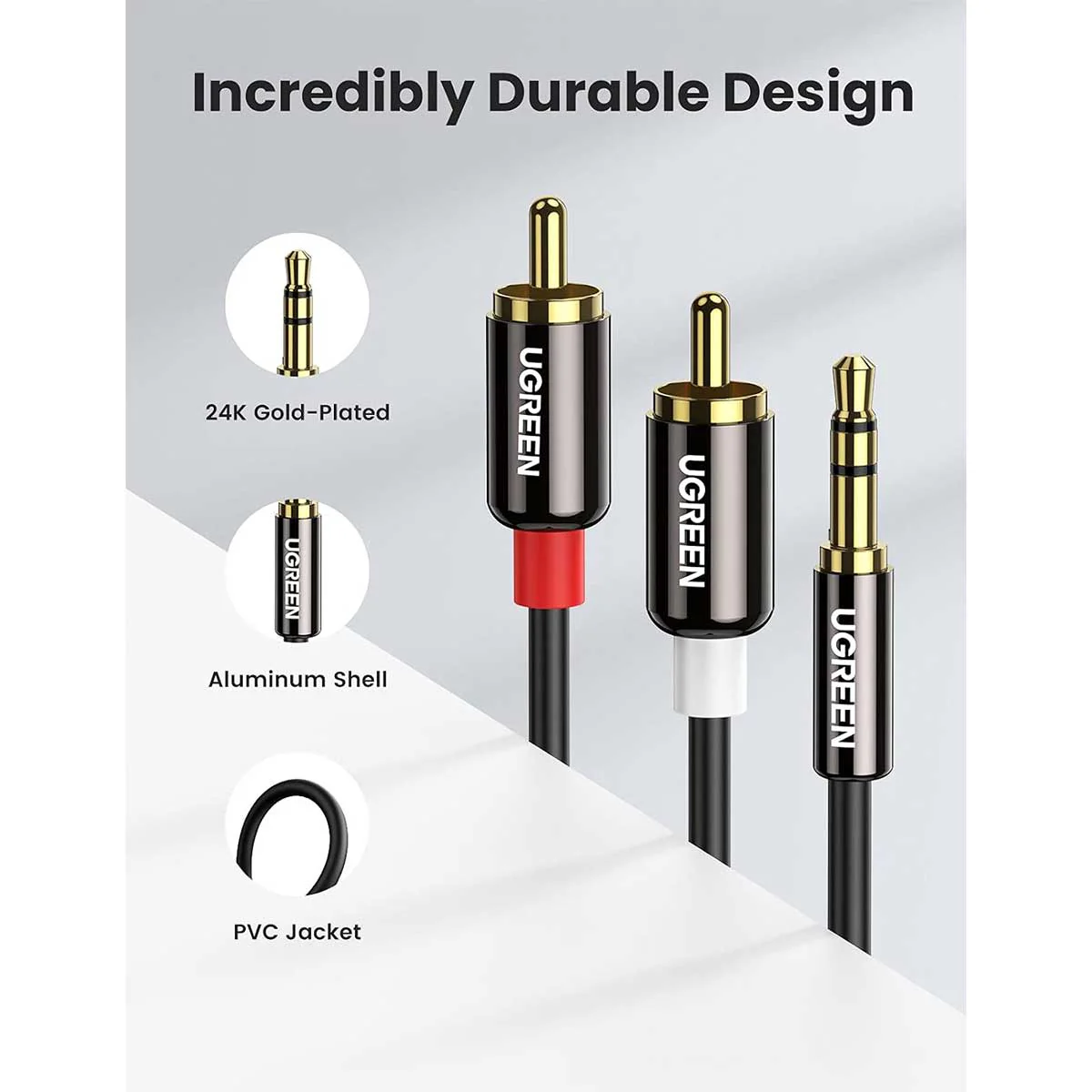UGreen 3.5MM Male TO 2 RCA Male Cable - 5m (Black) (AV116/10591) - Image 3