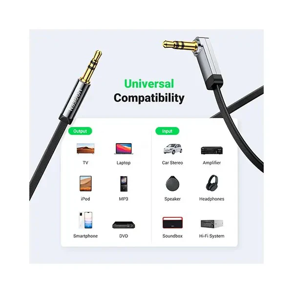 Ugreen 3.5mm Male to Male Angled Flat Cable - 2m (Black) (AV119/10599) - Image 4
