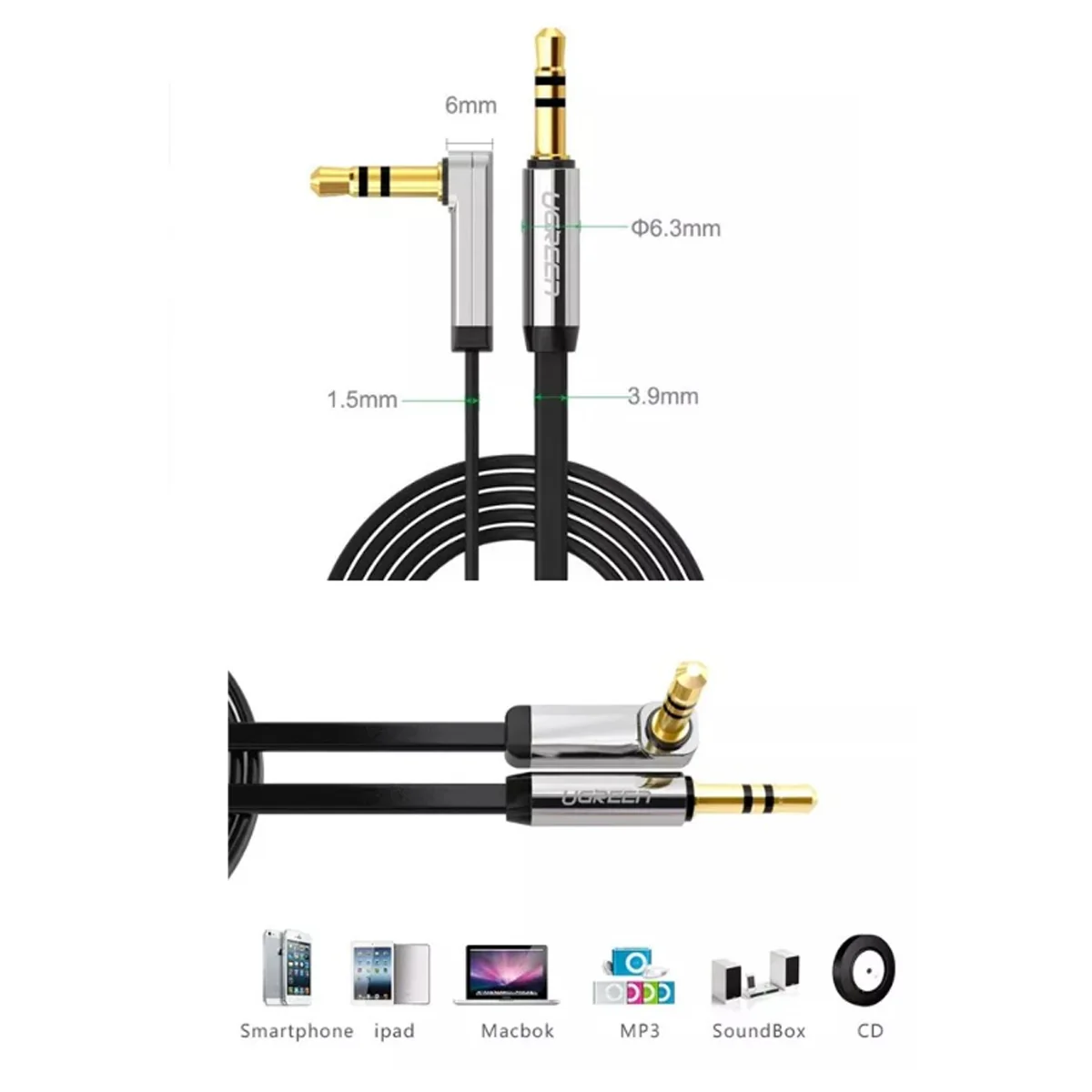 Ugreen 3.5mm Male to Male Angled Flat Cable (Black) (1M, 1.5M) - Image 5