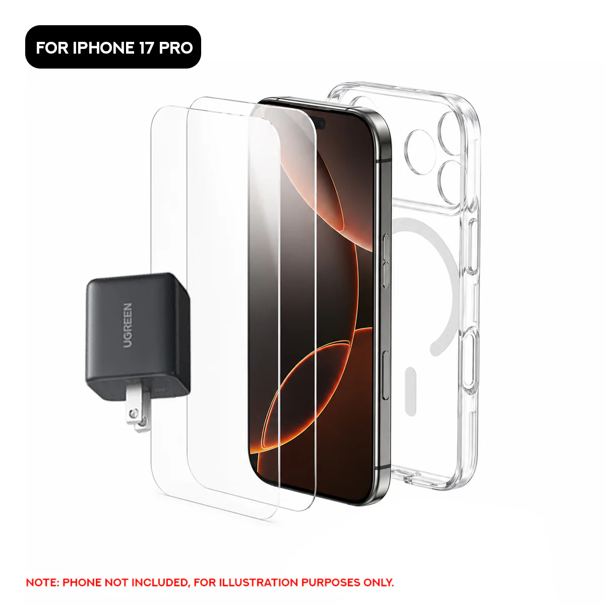 Ugreen 3-in-1 Accessory Kit for iPhone 17 Pro - 30W GaN Fast Charger, 2-Pack Tempered Glass Screen Protector, Protective Case (LP1008/85638)