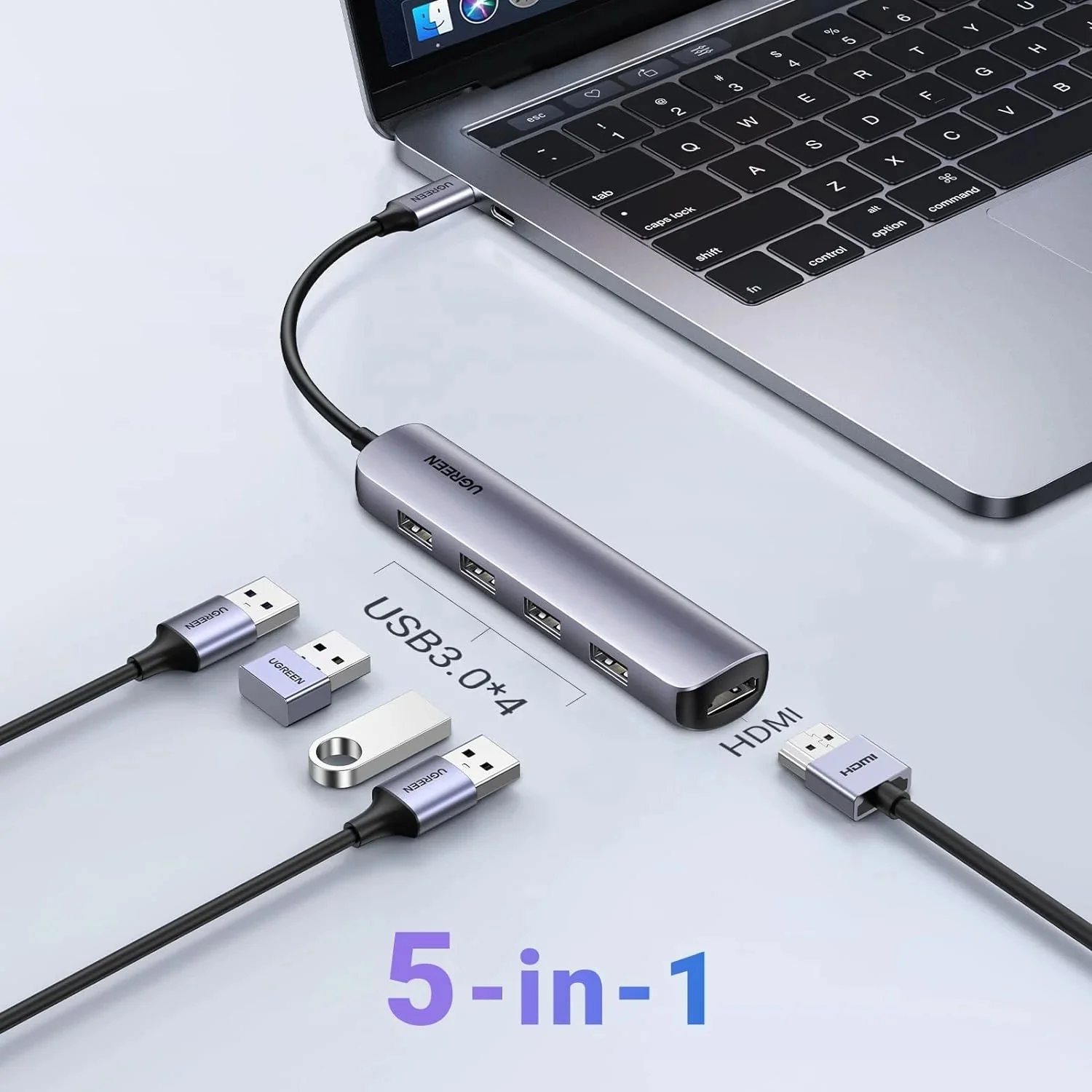 UGreen 5-in-1 Multifunction Adapter USB-C To HDMI + 4xUSB 3.0 (CM417/20197) - Image 2