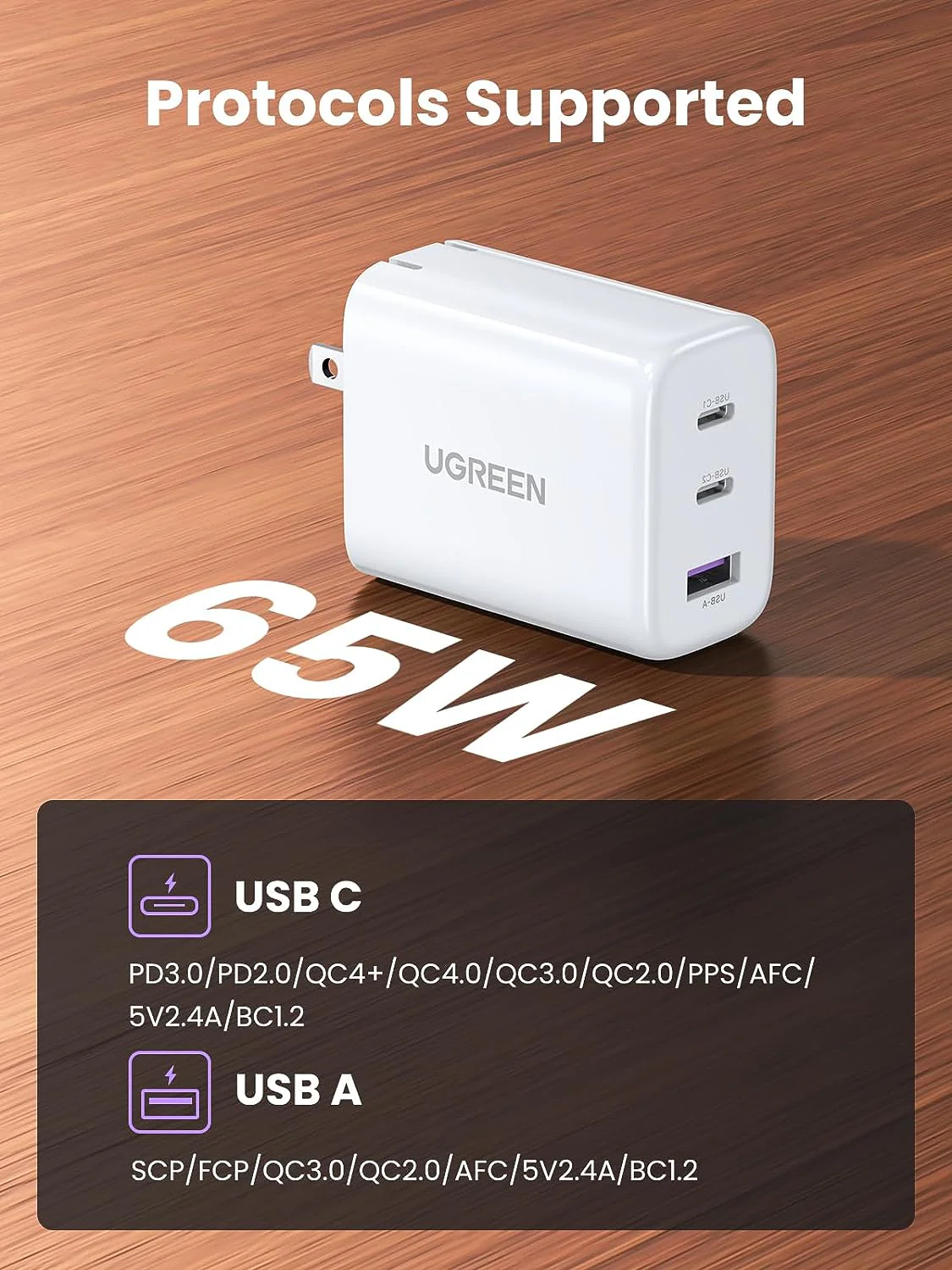 UGreen 65W 3-Port 2C1A GAN Tech Fast Charger (White) (CD275/90495) - Image 7
