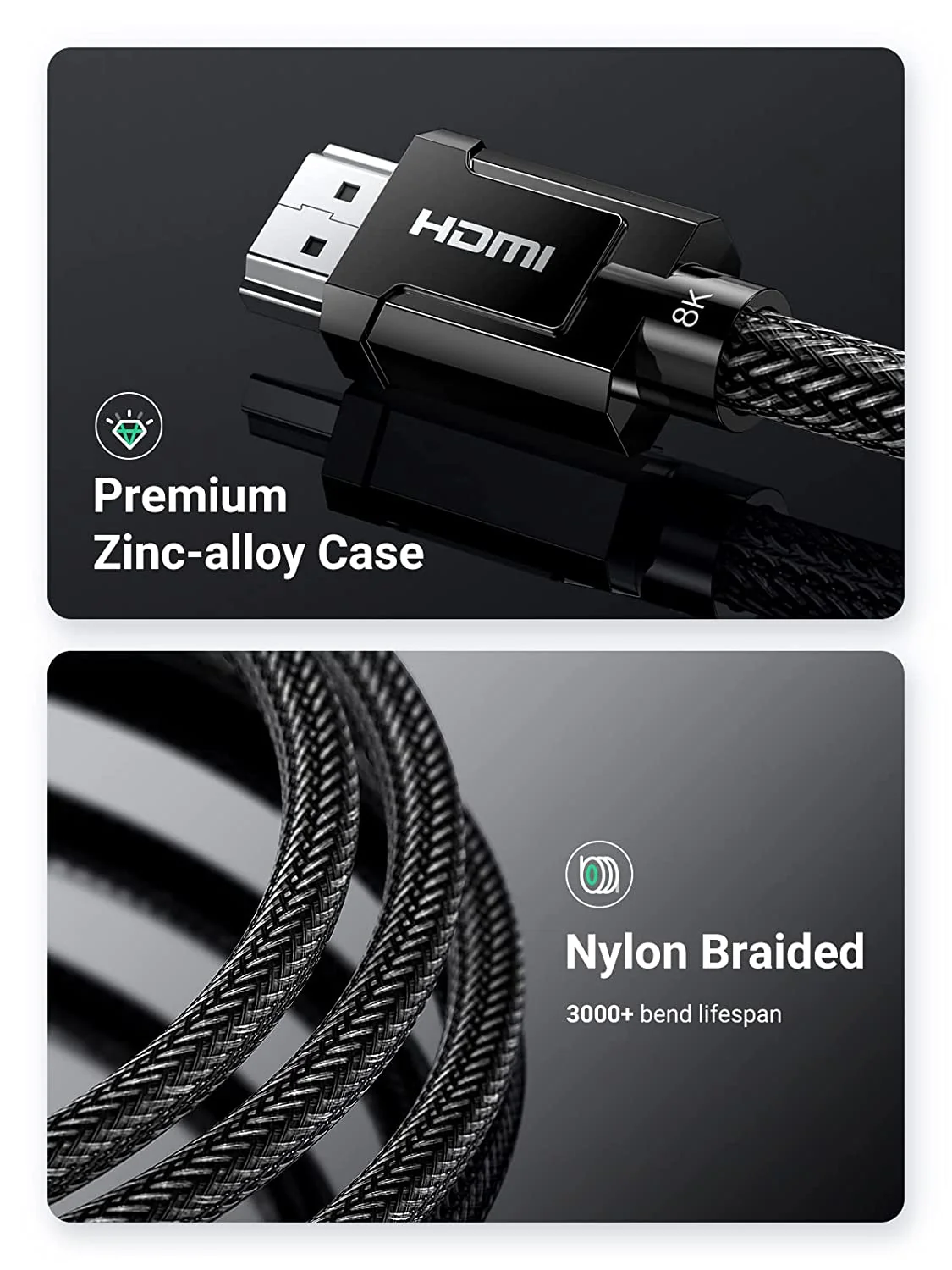 UGreen 8K HDMI 2.1 Male To Male Round Cable With Braided 2M (Grey) (HD135/70321) - Image 5