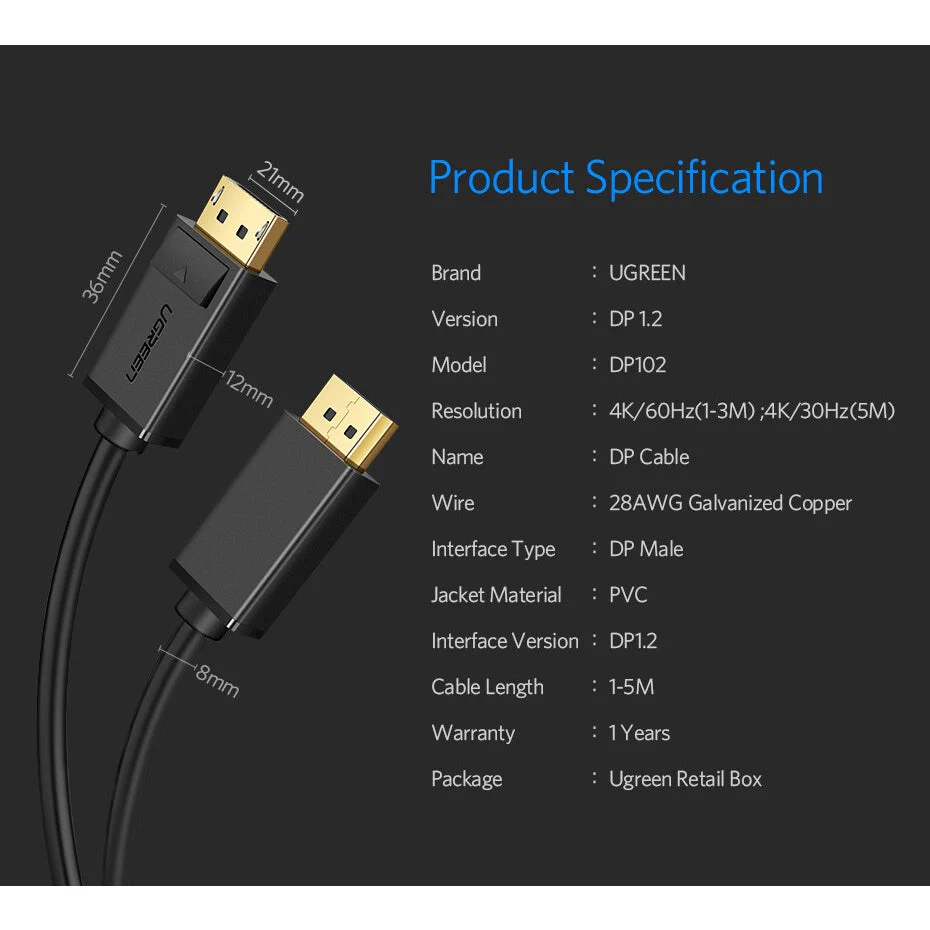 Ugreen DP 1.2 Male to Male Cable - 1m (Black) (DP102/10244) - Image 3