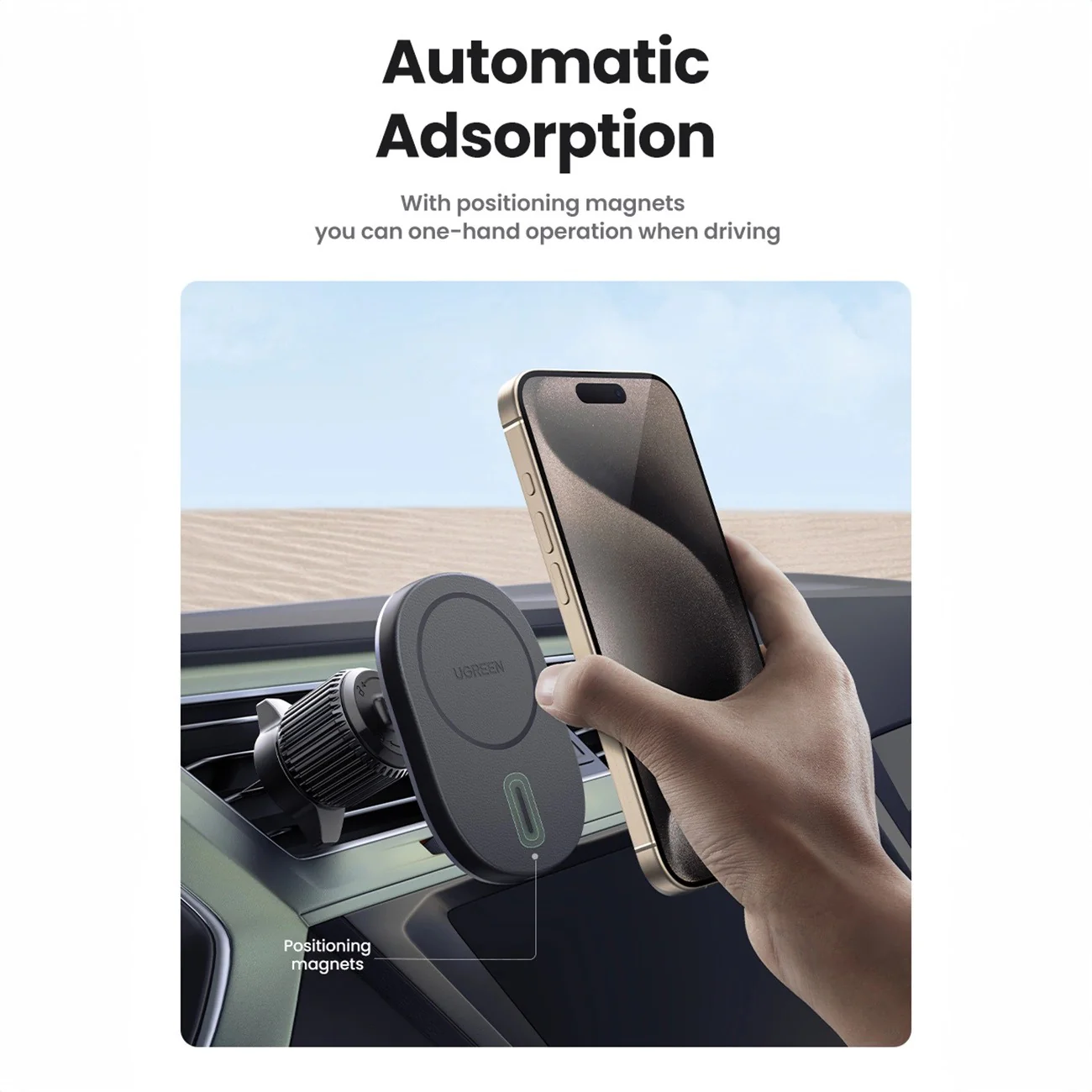 UGreen Magnetic Wireless Car Charger For Air Vent Mount - For IPhone (Black) (CD345/25925) - Image 3