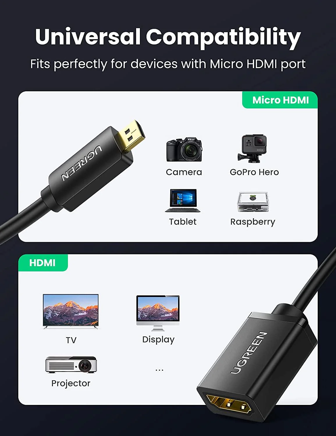 UGREEN Micro HDMI Male To HDMI Female Adapter Cable 20cm (Black) (20134) - Image 8