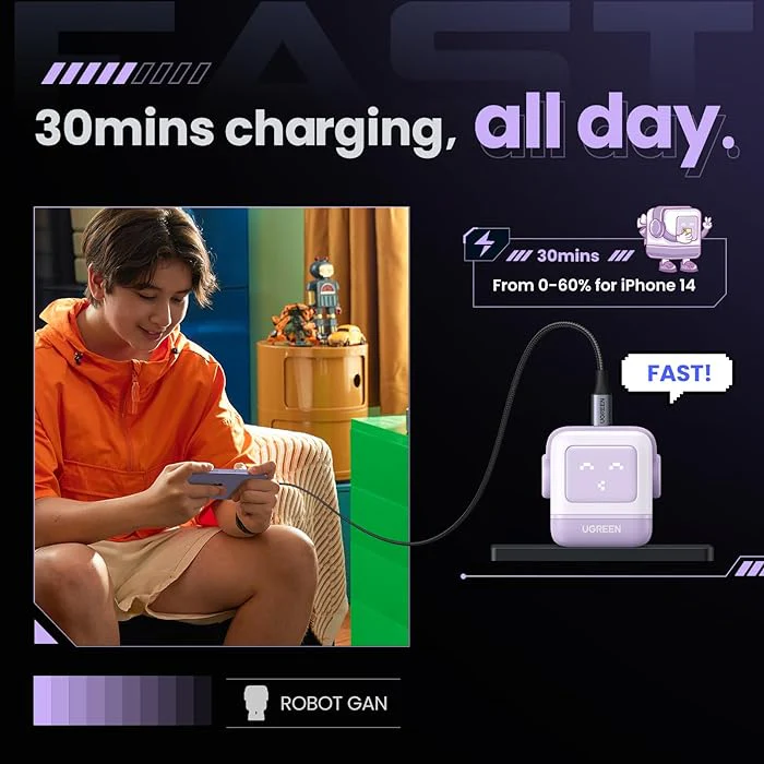 Ugreen Mini Robot Nexode 30W USB-C PD Gan Fast Charger (Purple) (CD359/25036) - Image 8