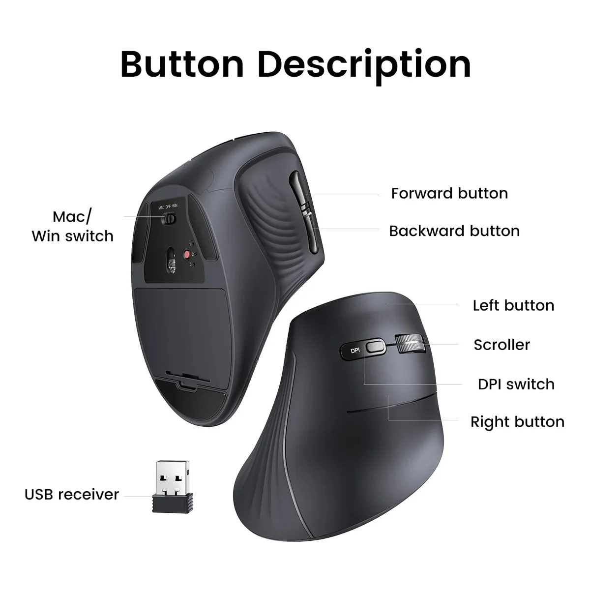 Ugreen Multi-Mode 4000DPI Mini Wireless Vertical Mouse (Black) (MU008Smini/85310) - Image 3