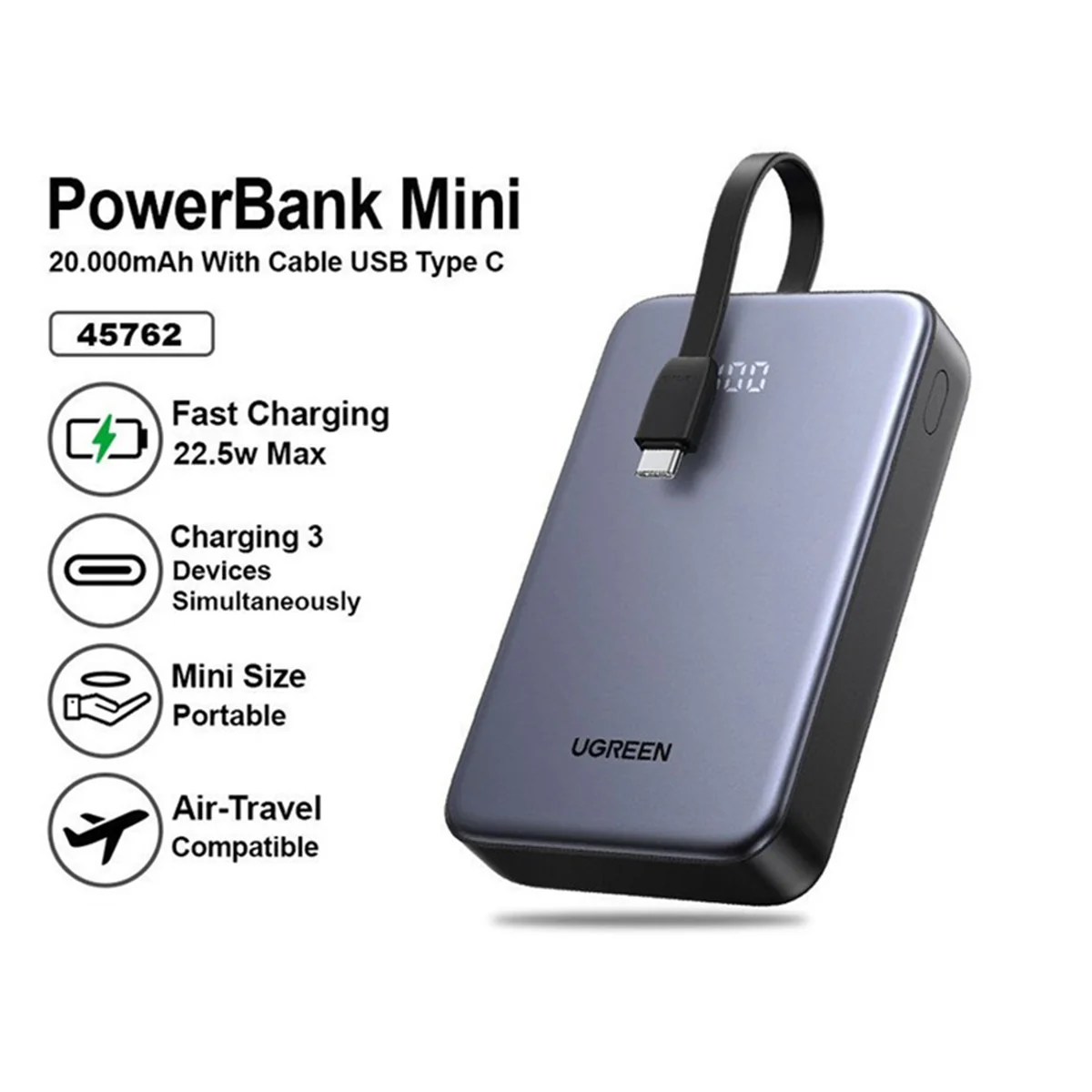 Ugreen Nexode 20000mAh 20W Power Bank with Built-in USB-C Cable (PB505/45762) - Image 3
