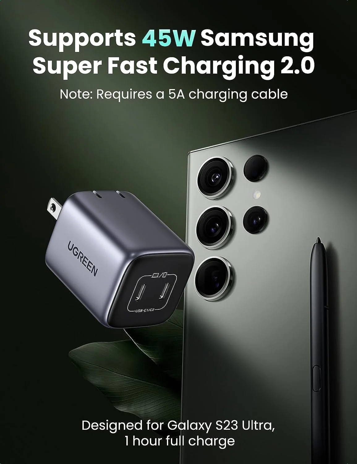 UGreen Nexode 45w Dual USB-C PD3.0 GAN Fast Charger (Space Grey) (CD294/90572) - Image 3
