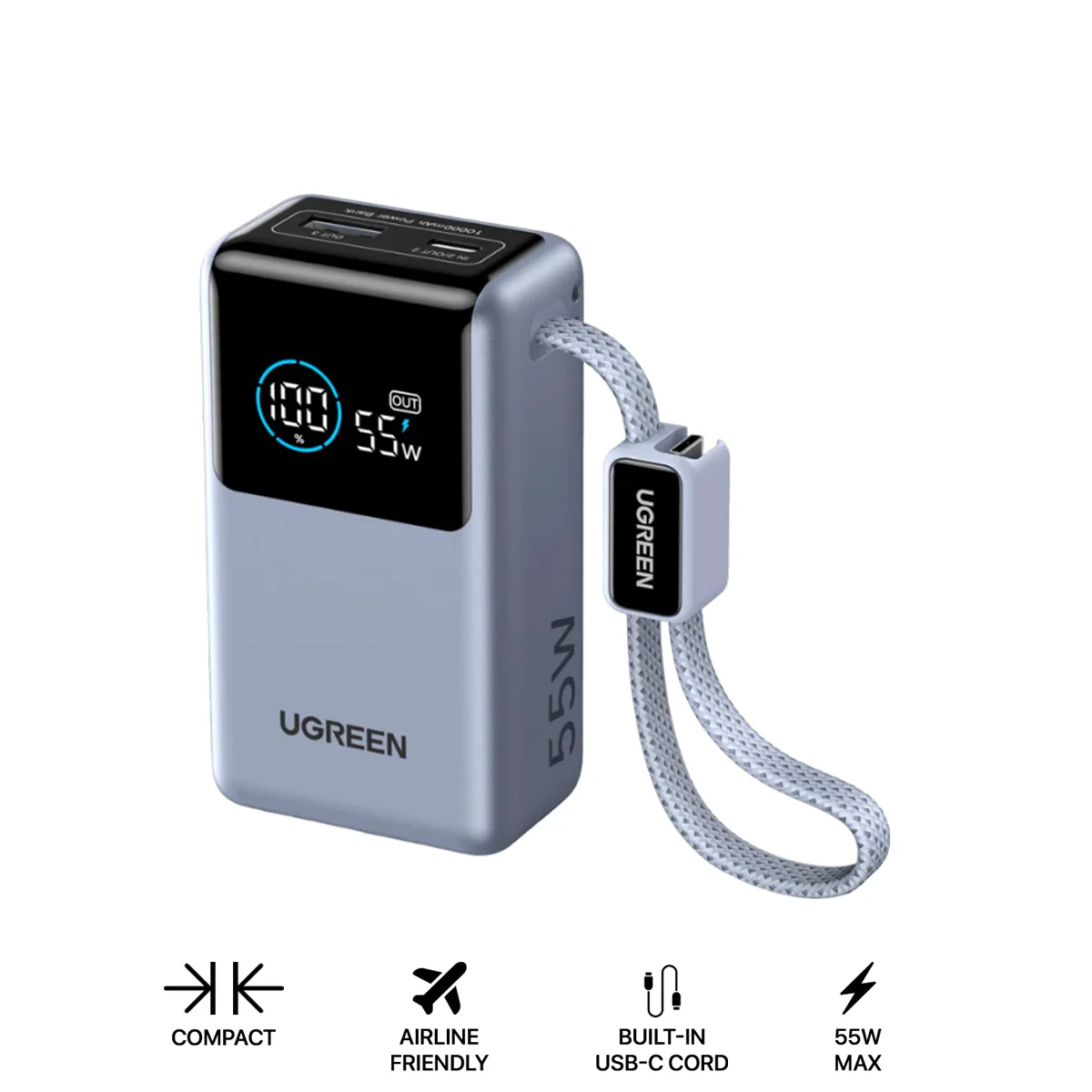 Ugreen Nexode Pro 10000mAh 55W 1xUSB-C + 1xUSB-A Power Bank with 1xUSB-C 55W Built-in Cable (Light Blue) (PB727/75701B)