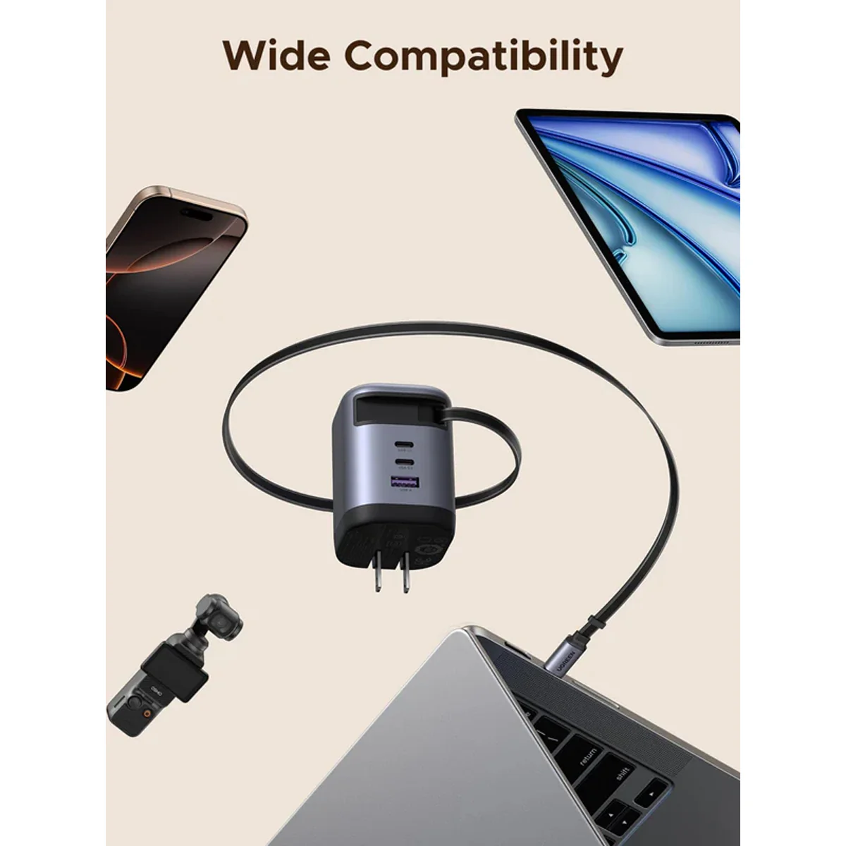 Ugreen Nexode Pro 100W 2xUSB-C + 1xUSB-A GaN Fast Charger with Type-C Retractable Cable (X616/65827) - Image 2