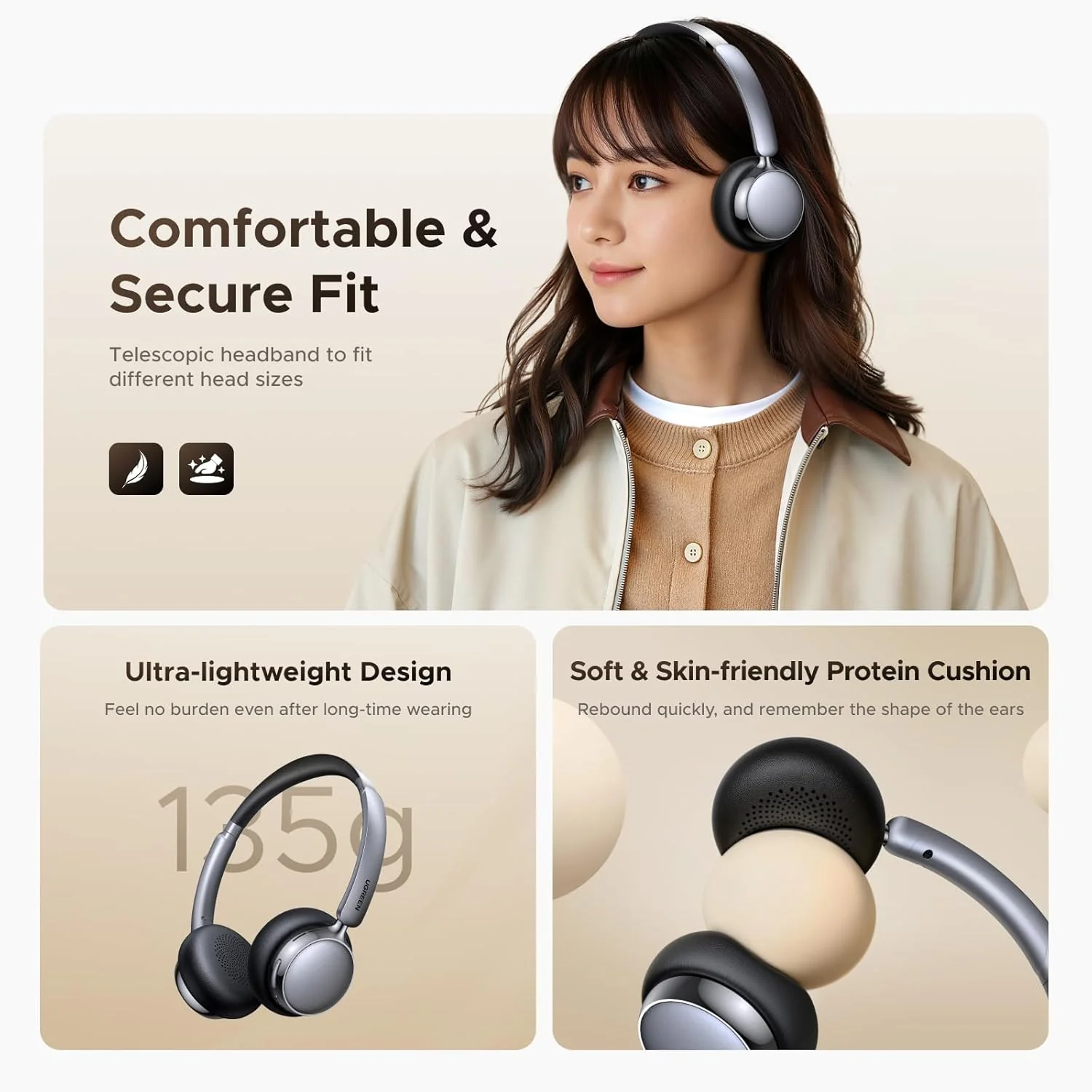 Ugreen Studio Plus Active Noise-Cancelling Headphones (Silvery Brown, Silvery Black, Silvery White) (HP207/75629, HP207/75630, HP207/75631) - Image 8