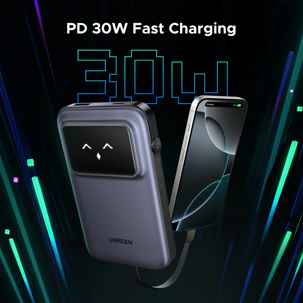 Ugreen Uno 10000mAh Quick Charging 30W Power Bank With Build-in USB-C Cable (Grey, Purple) (PB511/35603B, 35604B) - Image 7