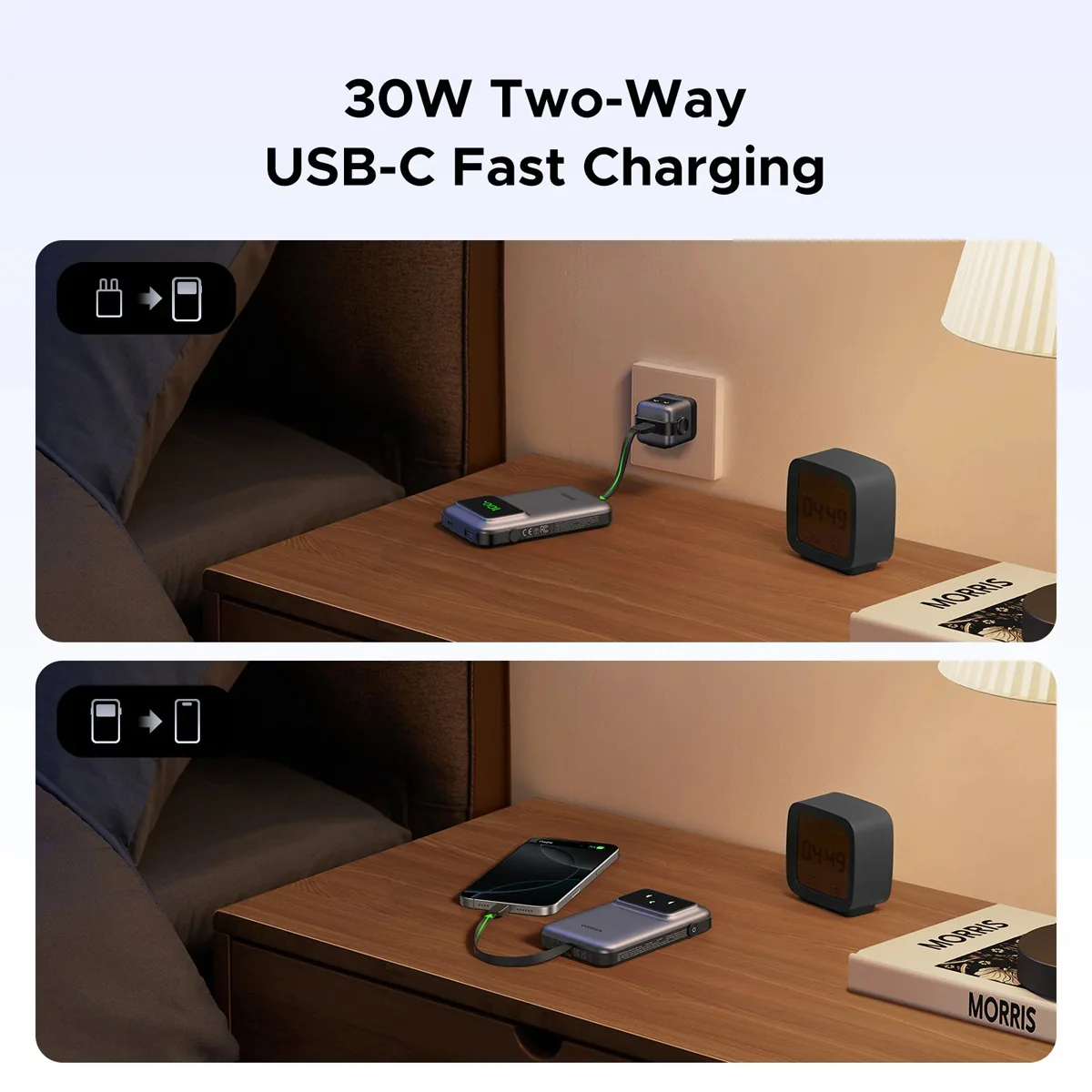Ugreen Uno 10000mAh Quick Charging 30W Power Bank With Build-in USB-C Cable (Grey, Purple) (PB511/35603B, 35604B) - Image 8