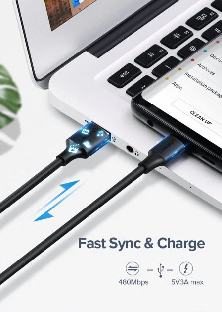 Ugreen USB-A 2.0 To USB-C Cable Nickel Plating 0.25M (Black) (US287/60114) - Image 7