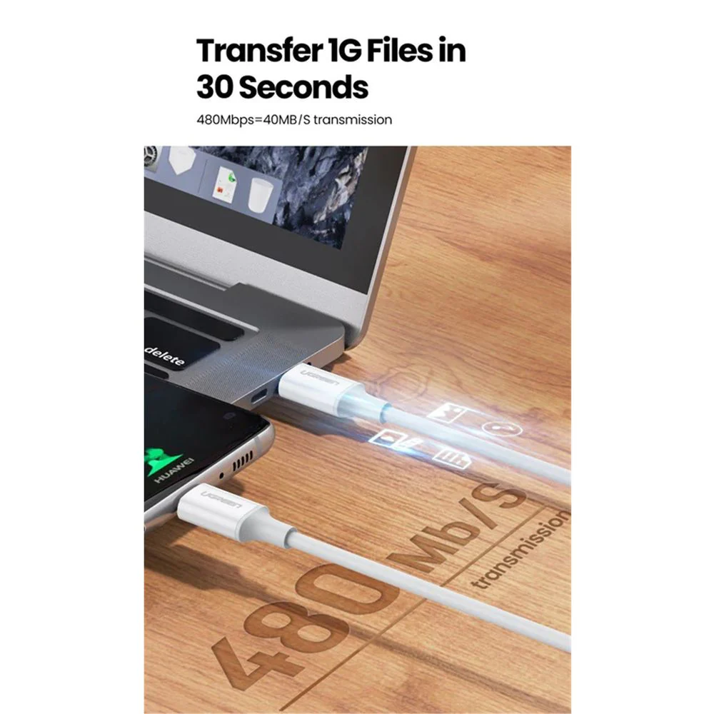 Ugreen USB-C 2.0 Male To USB-C 2.0 Male 3A Data Cable - 1M (White) (US264/60518) - Image 4