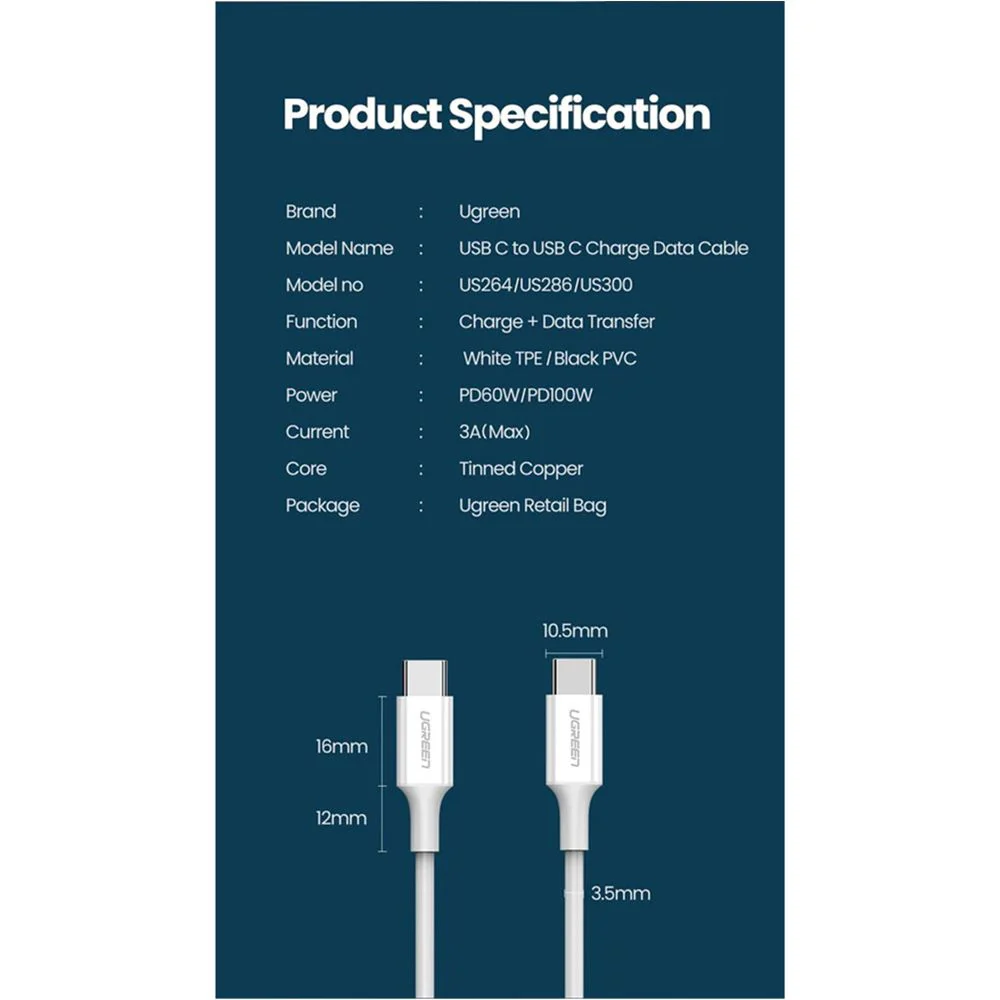 Ugreen USB-C 2.0 Male To USB-C 2.0 Male 3A Data Cable - 1M (White) (US264/60518) - Image 7