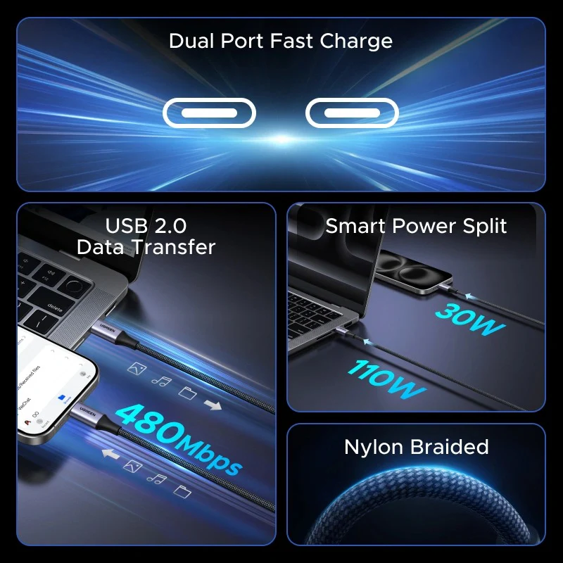 Ugreen USB-C 2-in-1 Universal 5A/140W PD Fast Charging Braided Cable - 2m (Space Gray) (L533/75733) - Image 9
