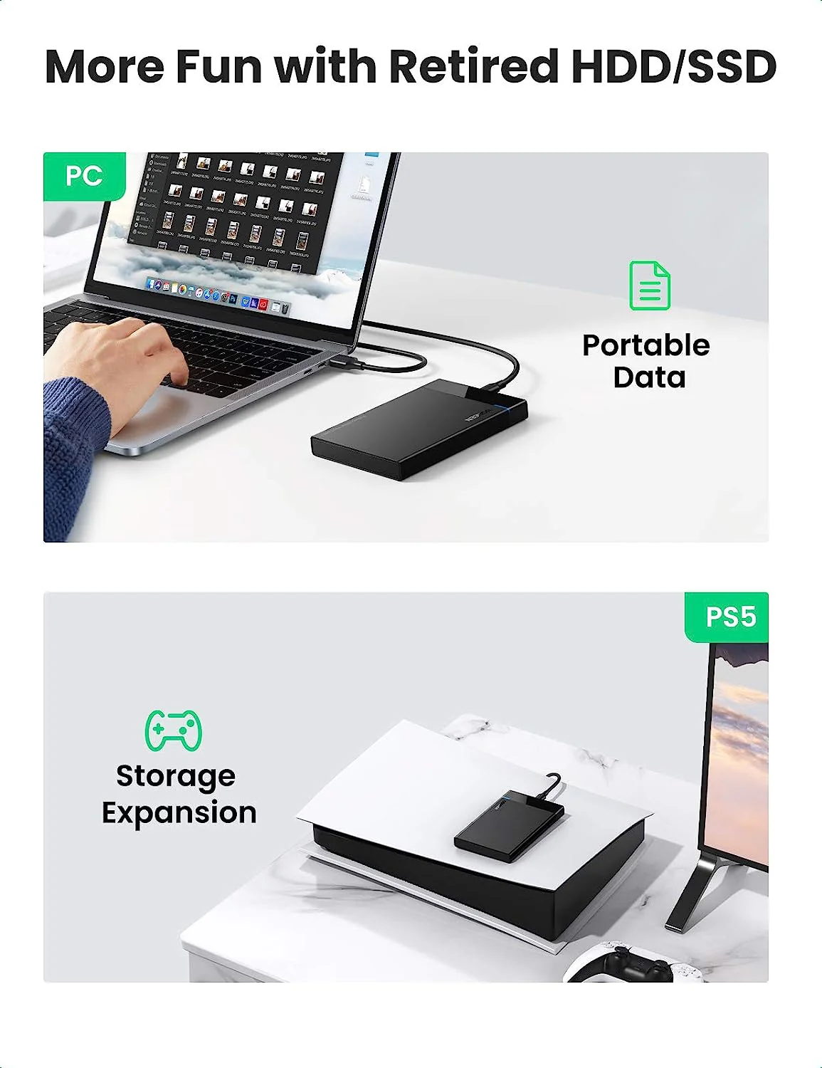 UGreen USB-C 3.1 To 2.5" SATA Hard Drive Enclosure (6GBPS) - 50CM (Black) (US221/50743) - Image 3