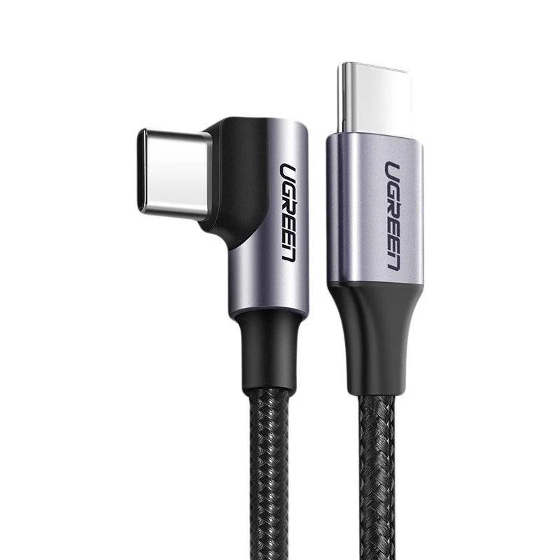 UGreen USB-C To Angled USB-C 2.0 Round Cable M/M Aluminum Shell Nickel Plating - 1m (Grey Black) (US255/50123)