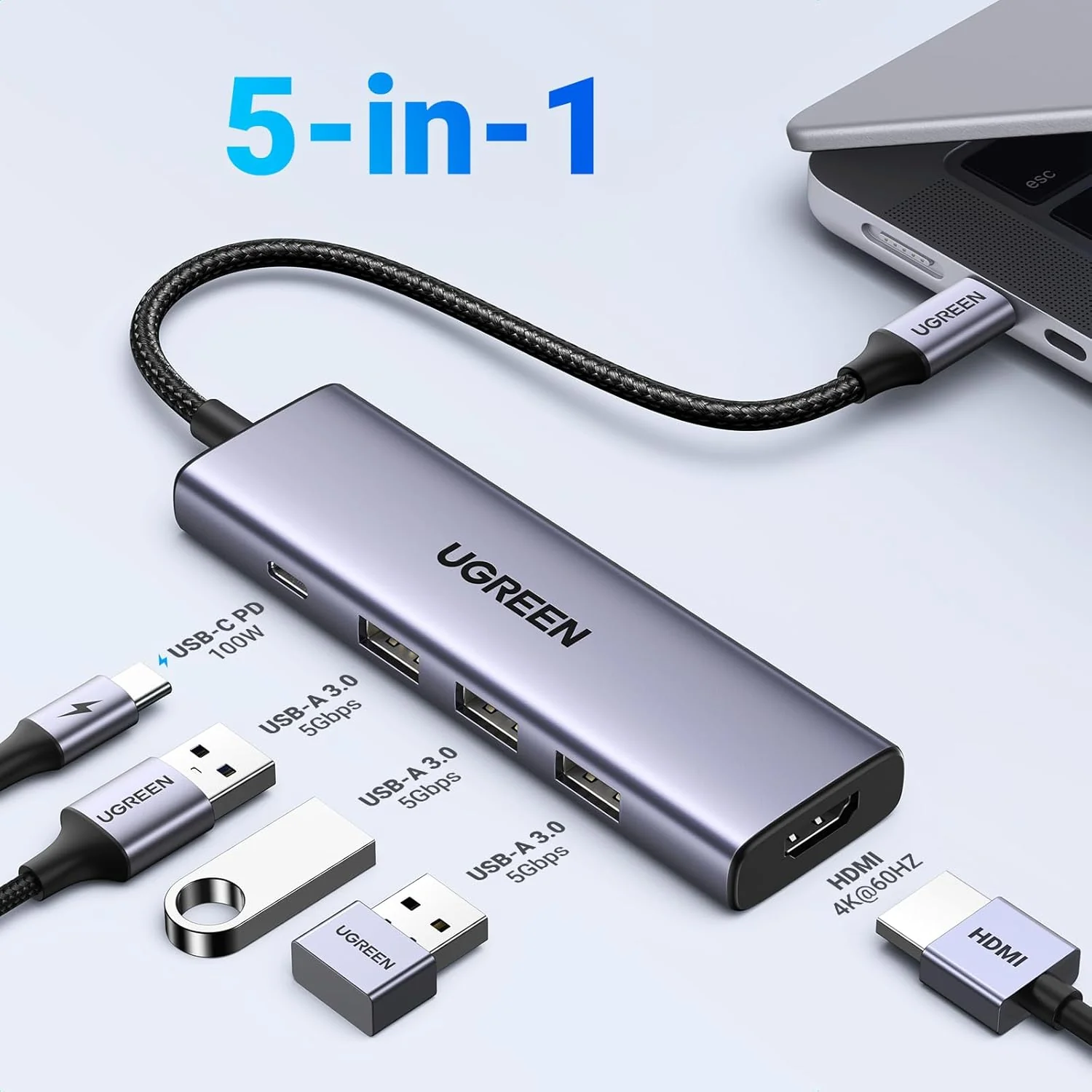 Ugreen USB-C to HDMI + 3xUSB 3.0 A + PD Power Converter (5-in-1) Multifunction Adapter (CM511/15597) - Image 5