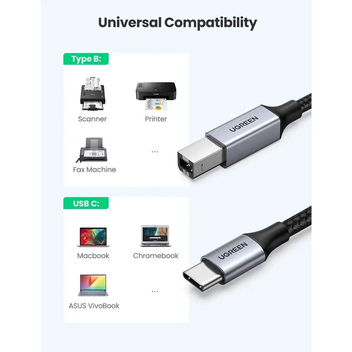 Ugreen USB-C to USB-B 2.0 Printer Cable - 2m (Black) (US370/80807) - Image 9