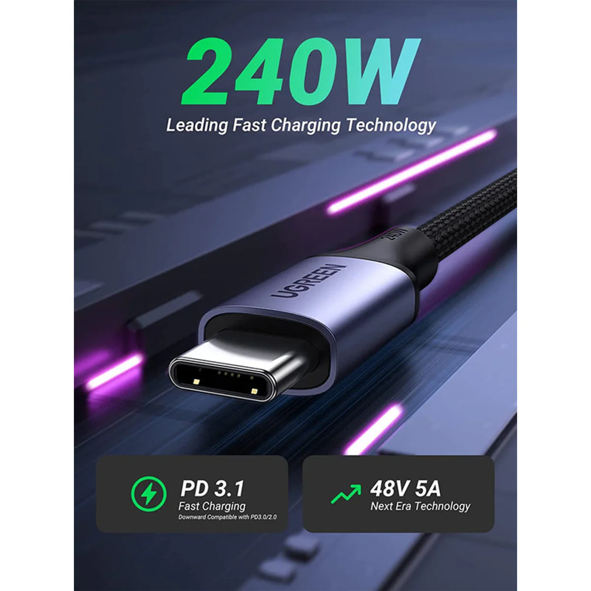 Ugreen USB-C to USB-C 240W PD Fast Charging Braided Cable - 2m (Space Grey) (US535/90440) - Image 2
