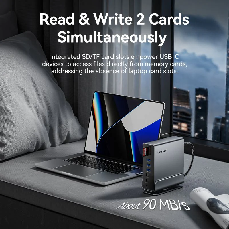 Vention 15-in-1 USB-C MST Docking Station - USB-C to DP + HDMI x 2 + USB 3.2 Gen2 Type-C + USB 3.2 Gen2 Type-A x 2 + USB 3.2 Gen1 Type-C + USB 3.0 + USB 2.0 x 2 + RJ45 + SD + TF + 3.5mm TRRS + PD (TPUH0) - Image 10