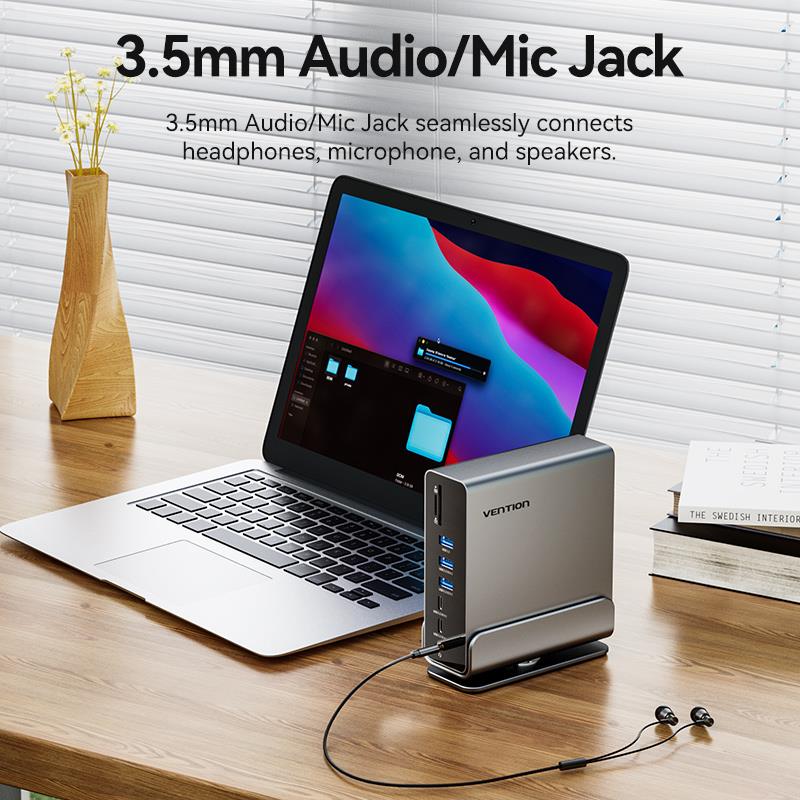 Vention 15-in-1 USB-C MST Docking Station - USB-C to DP + HDMI x 2 + USB 3.2 Gen2 Type-C + USB 3.2 Gen2 Type-A x 2 + USB 3.2 Gen1 Type-C + USB 3.0 + USB 2.0 x 2 + RJ45 + SD + TF + 3.5mm TRRS + PD (TPUH0) - Image 13