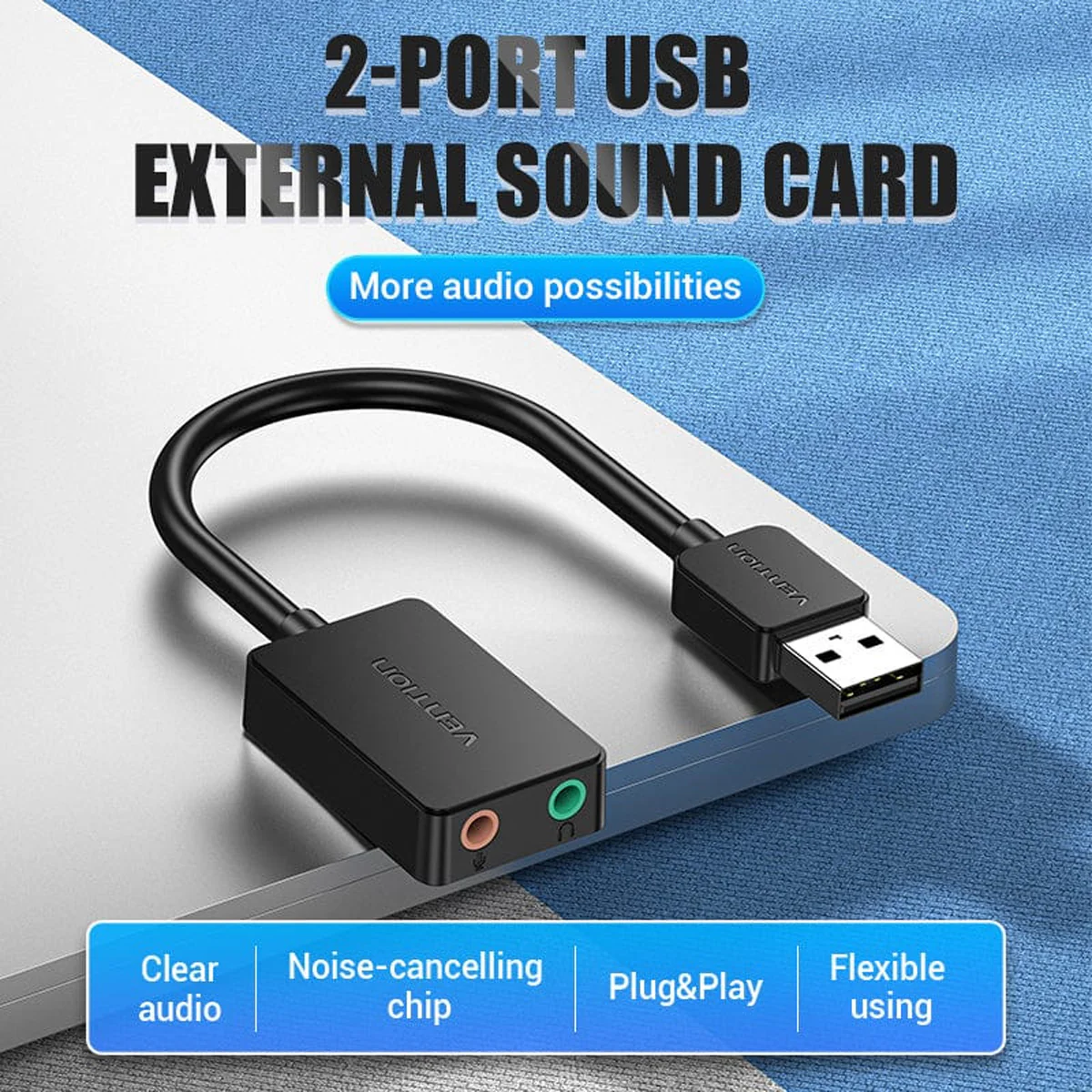 Vention 2-Port USB External Sound Card - USB-A to TRS 3.5mm x 2 - 0.15M (Black) (CDYB0) - Image 2