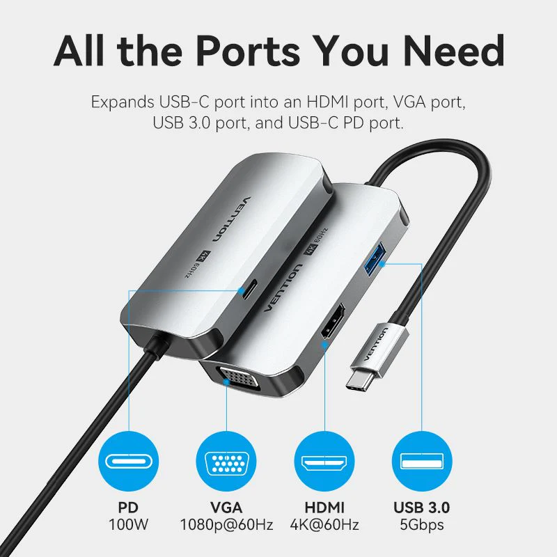Vention 4-in-1 USB-C Docking Station - USB-C to HDMI + VGA + USB 3.0 + PD - 15M (TQAHB) - Image 7