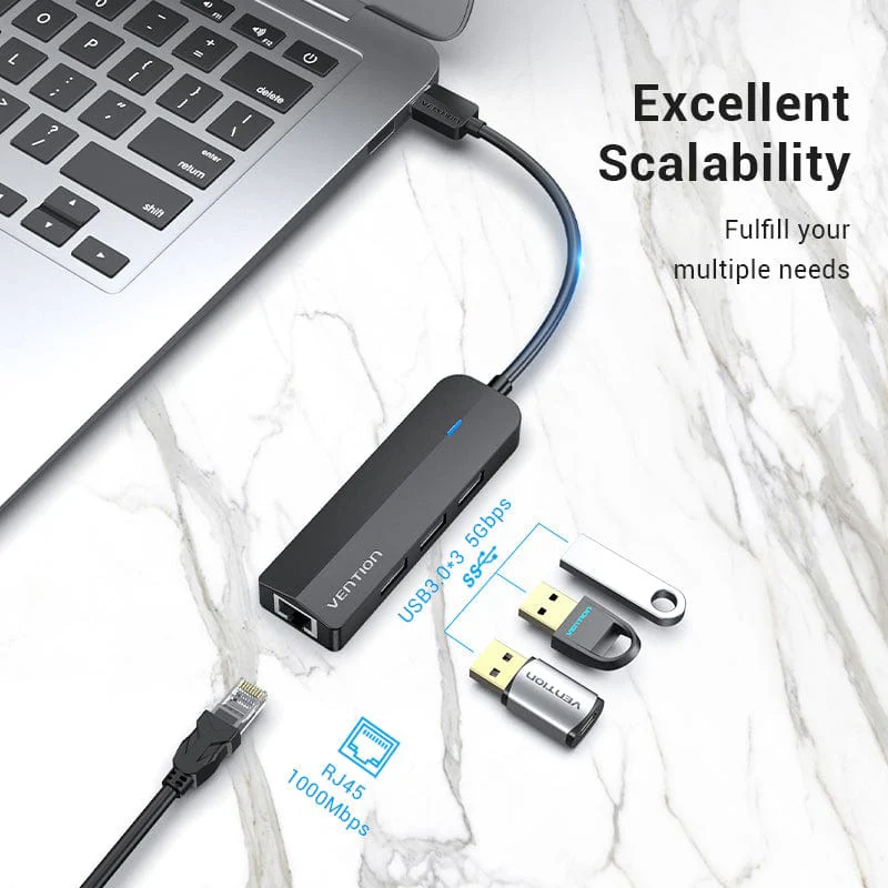 Vention 5-in-1 USB 3.0 Hub - USB-A to USB 3.0 x 3 + RJ45 + Micro-B - 0.15M (CHNBB) - Image 4